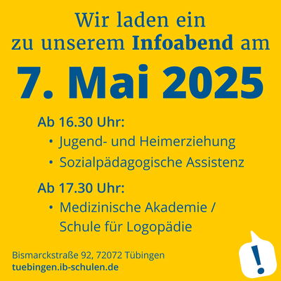 Einladung zum Infoabend am 7. Mai 2025 in Tübingen zu Themen wie Jugendhilfe und Logopädie.