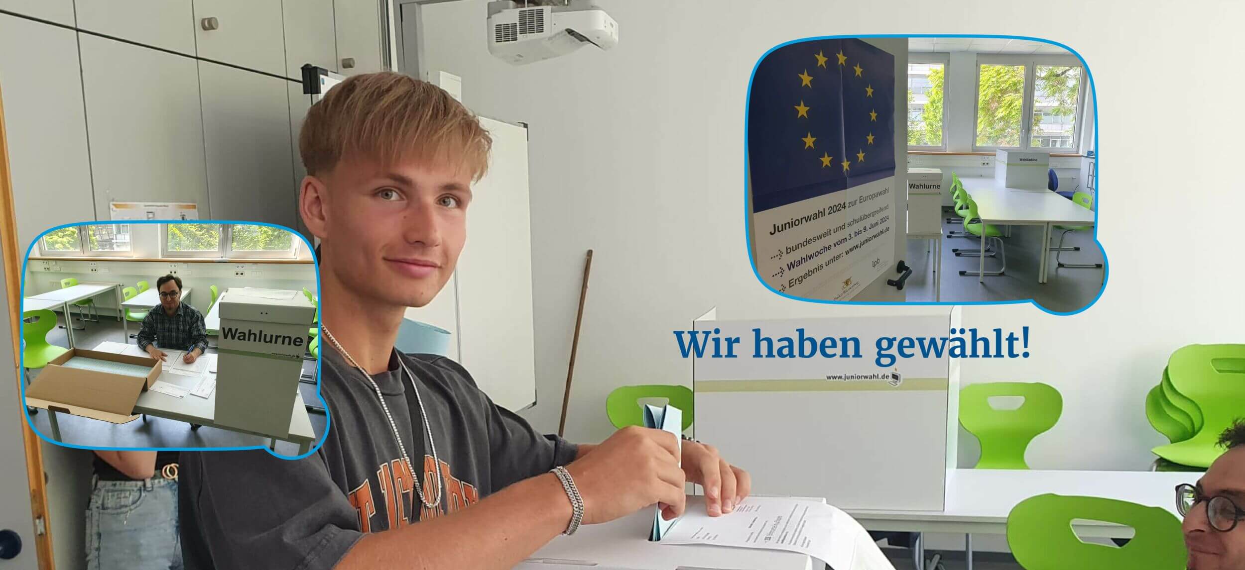 Ein junger Mann nimmt an den Juniorwahlen 2024 in einem Klassenzimmer mit grünen Stühlen teil.